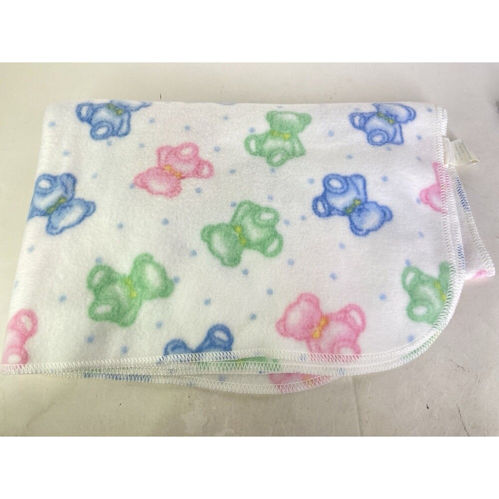Springmaid Fleece Vintage Baby Blanket Teddy Bears Pastel Pink Green Blue